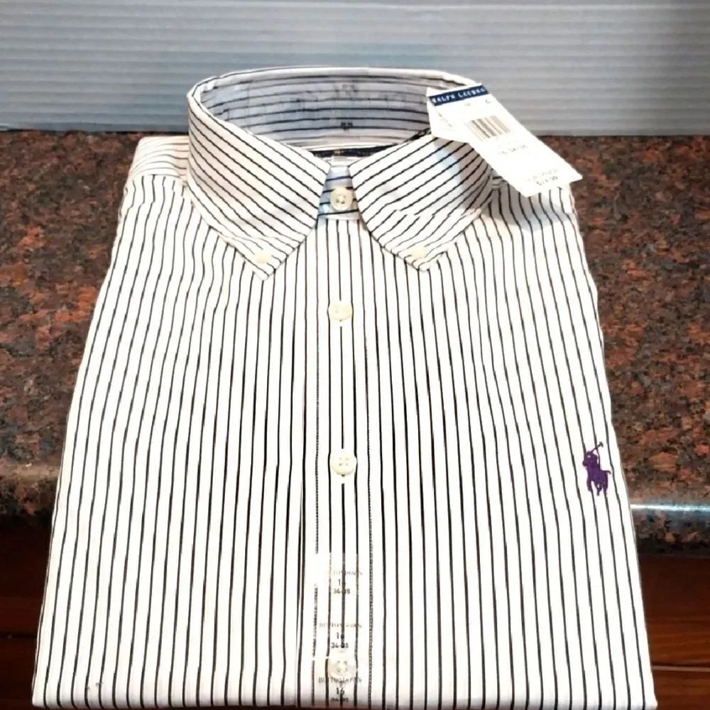 Polo by Ralph Lauren Men's Black and White Striped Shirt..SIZE 16-34/35...NEW